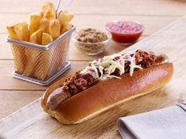 8.5 inch Top Sliced Brioche Hot Dog Roll with Chilli & Cheese - Landscape Final